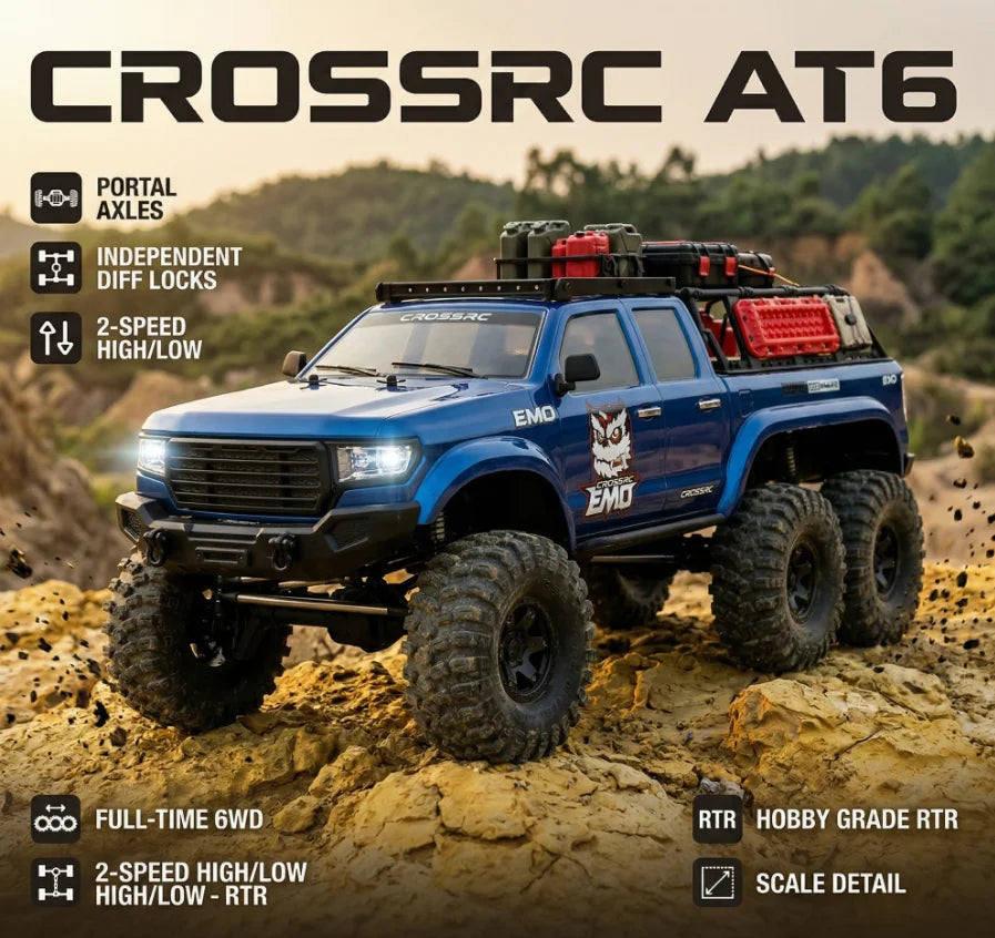 CROSSRC AT6 1/10 RC Crawler 6x6 Unimog Brushed Truck Three Portal Axle 6WD Independent Diff Lock 2-Speed RTR