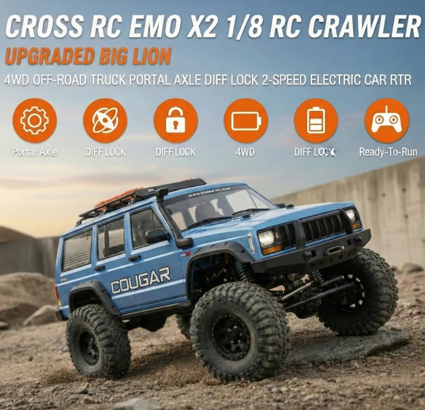 CROSSRC EMO X2 1/8 Scale Crawler Upgraded Big Lion 4WD Off-Road Truck Portal Axle Diff Lock 2-Speed RTR