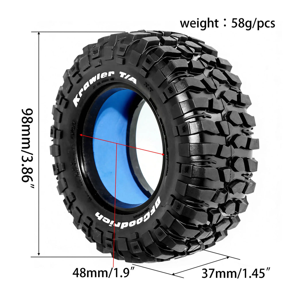 98mm 1.9'' Rubber Tire for 1/10 RC Crawler – Fit Axial SCX10 Pro, TRX4, RC4WD D90, Redcat Gen8, MST – High Traction