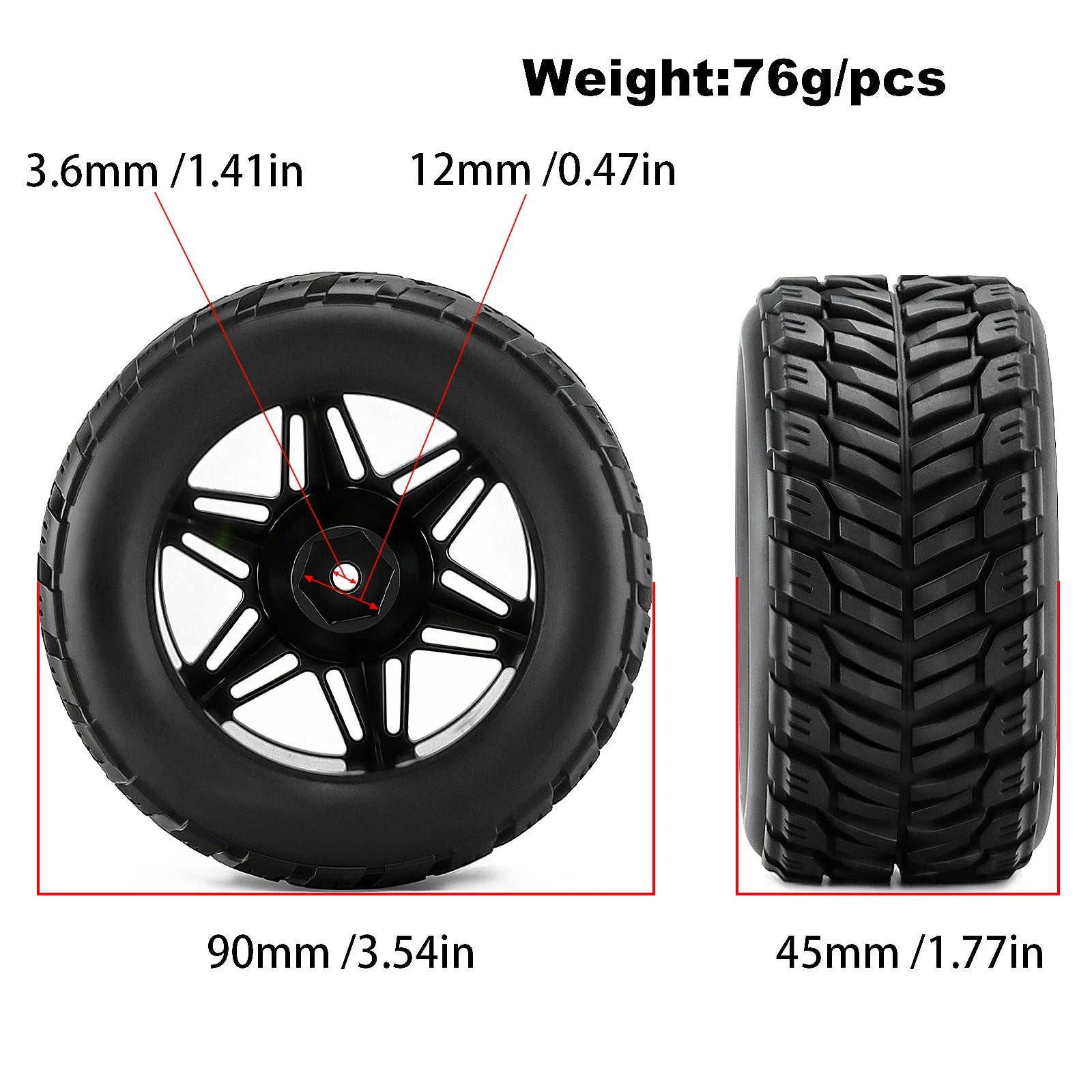 4pcs RC Wheels Tire Set 90*45mm with 12mm Hex for ARRMA 1/16 Mini Kraton 3S BLX RC Truck Upgrade Parts Accessories