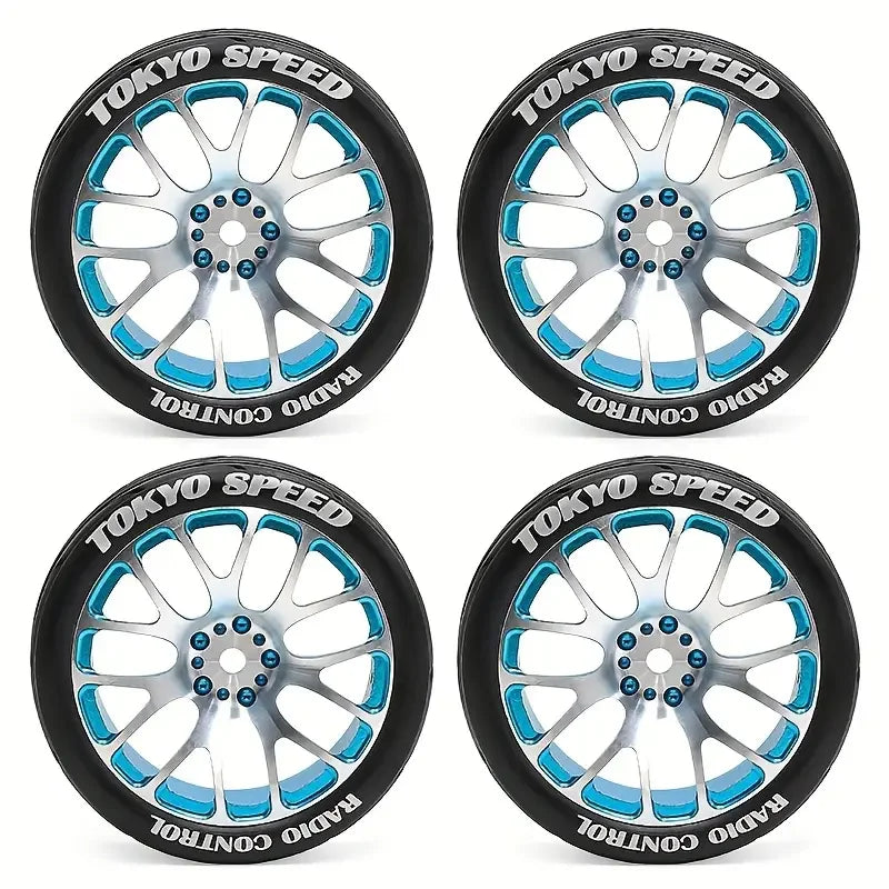 1/10 RC Racing Wheels & Tires Set - 12mm Hex Metal Rims for Tamiya TT01/TT02/XV01/XV02, HSP, HPI, Kyosho - On-Road Car Upgrade