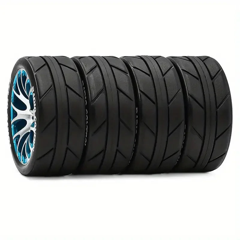 1/10 RC Racing Wheels & Tires Set - 12mm Hex Metal Rims for Tamiya TT01/TT02/XV01/XV02, HSP, HPI, Kyosho - On-Road Car Upgrade