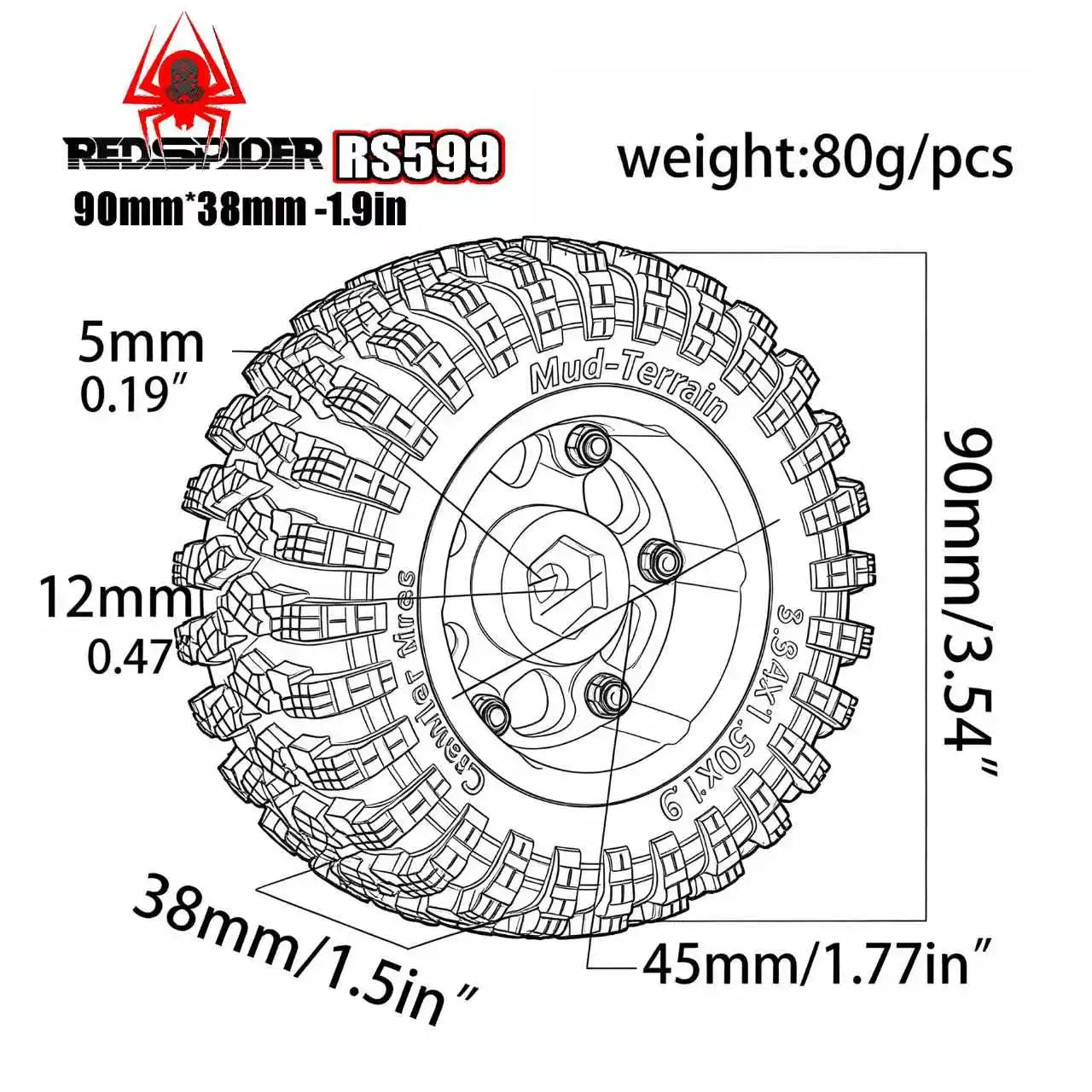 RC 1.9" Beadlock Wheels and Tires Set for 1/12 M-J-X H12Y H12Y+ H12P MN-128 RC Crawler,Wheels Tire OD 90MM/3.54"