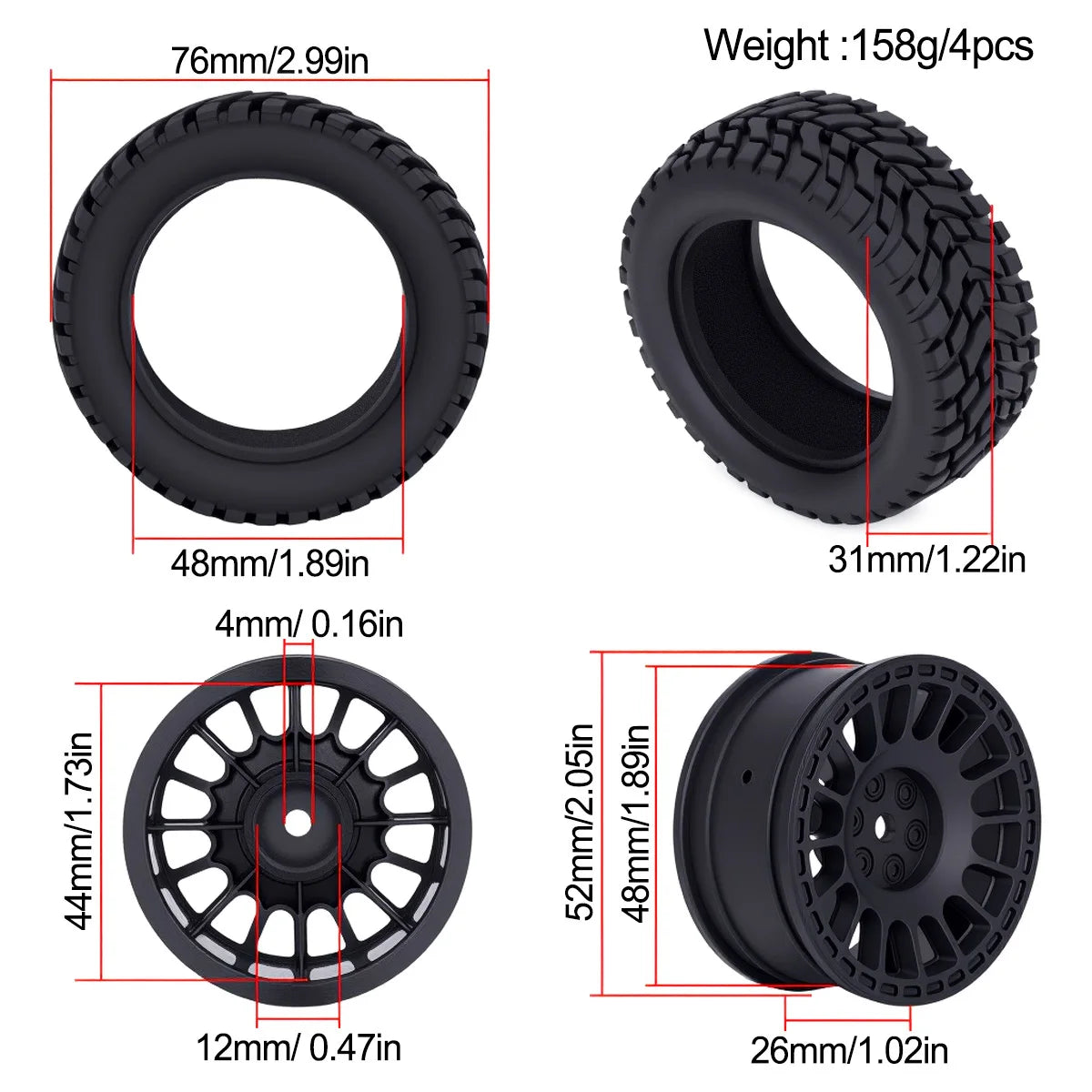 RC Off-Road Tires & Wheels 1.9 Inch 75mm with 12mm Hex for Traxxas TRX4 Axial SCX10 WLtoys 144001 Tamiya 1/10 1/12