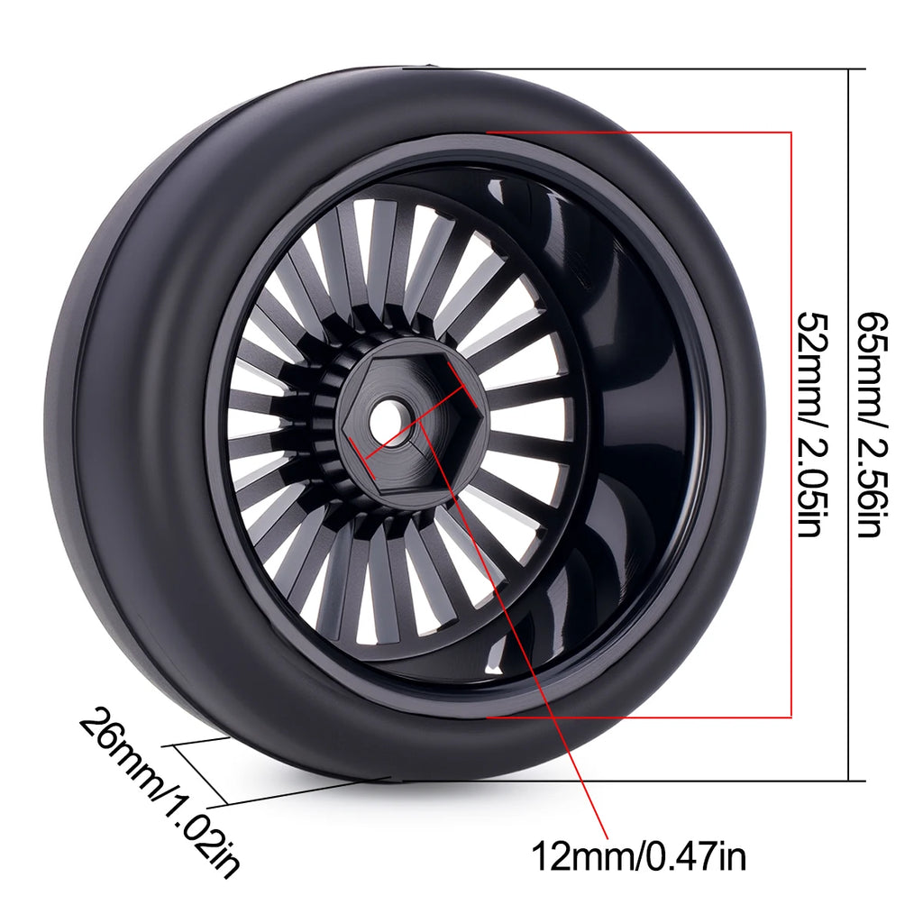Pre-Glued RC Wheels Tires Set 4PCS for 1/10 - 65x26mm 12mm Hex Hubs Compatible with Tamiya TT01 TT02 XV01 XV02 TA06 HSP Models