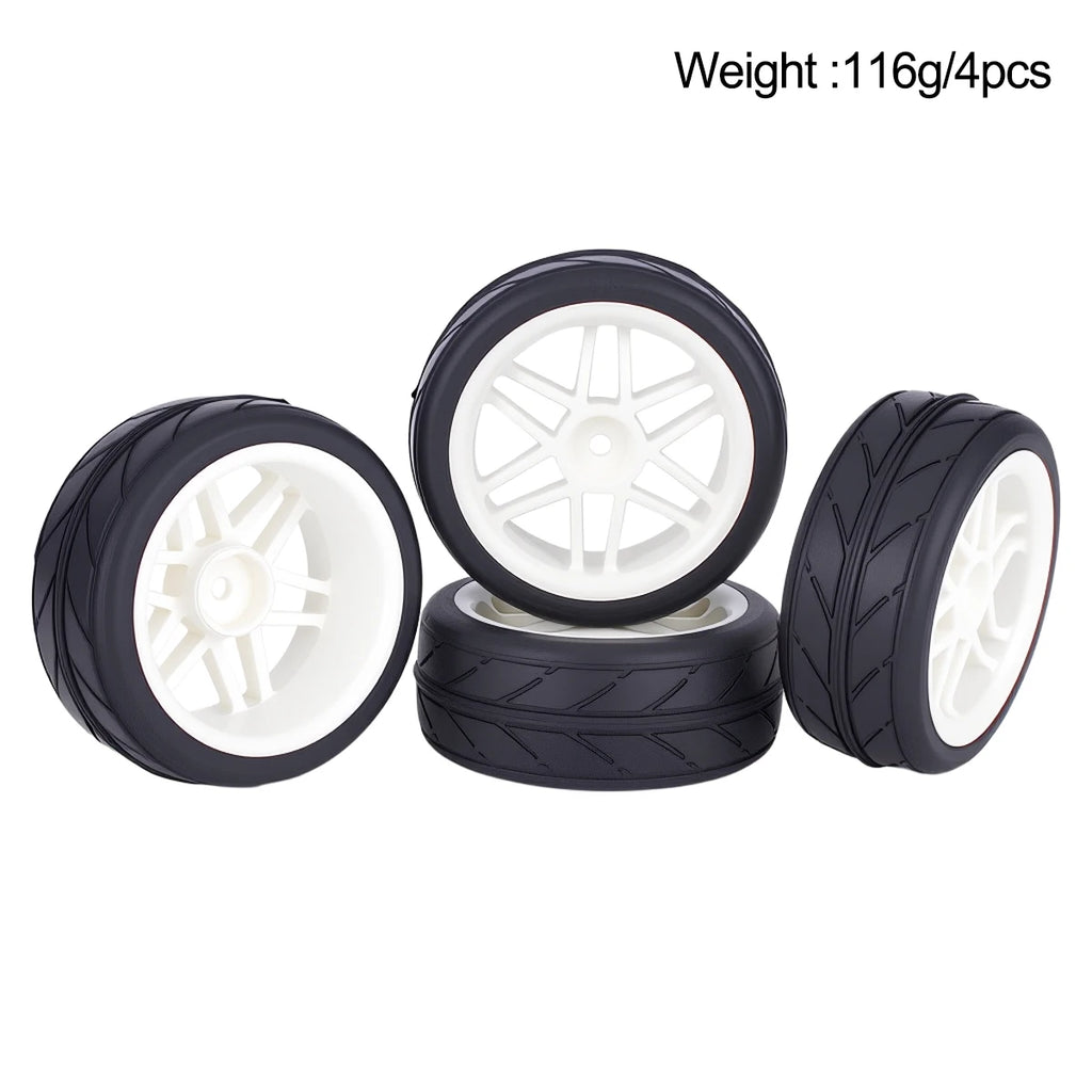 Pre-Glued RC Wheels Tires Set 4PCS for 1/10 - 65x26mm 12mm Hex Hubs Compatible with Tamiya TT01 TT02 XV01 XV02 TA06 HSP Models