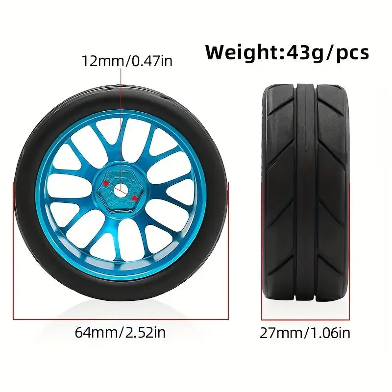1/10 RC Racing Wheels & Tires Set - 12mm Hex Metal Rims for Tamiya TT01/TT02/XV01/XV02, HSP, HPI, Kyosho - On-Road Car Upgrade