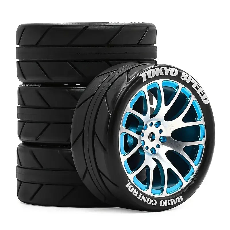 1/10 RC Racing Wheels & Tires Set - 12mm Hex Metal Rims for Tamiya TT01/TT02/XV01/XV02, HSP, HPI, Kyosho - On-Road Car Upgrade