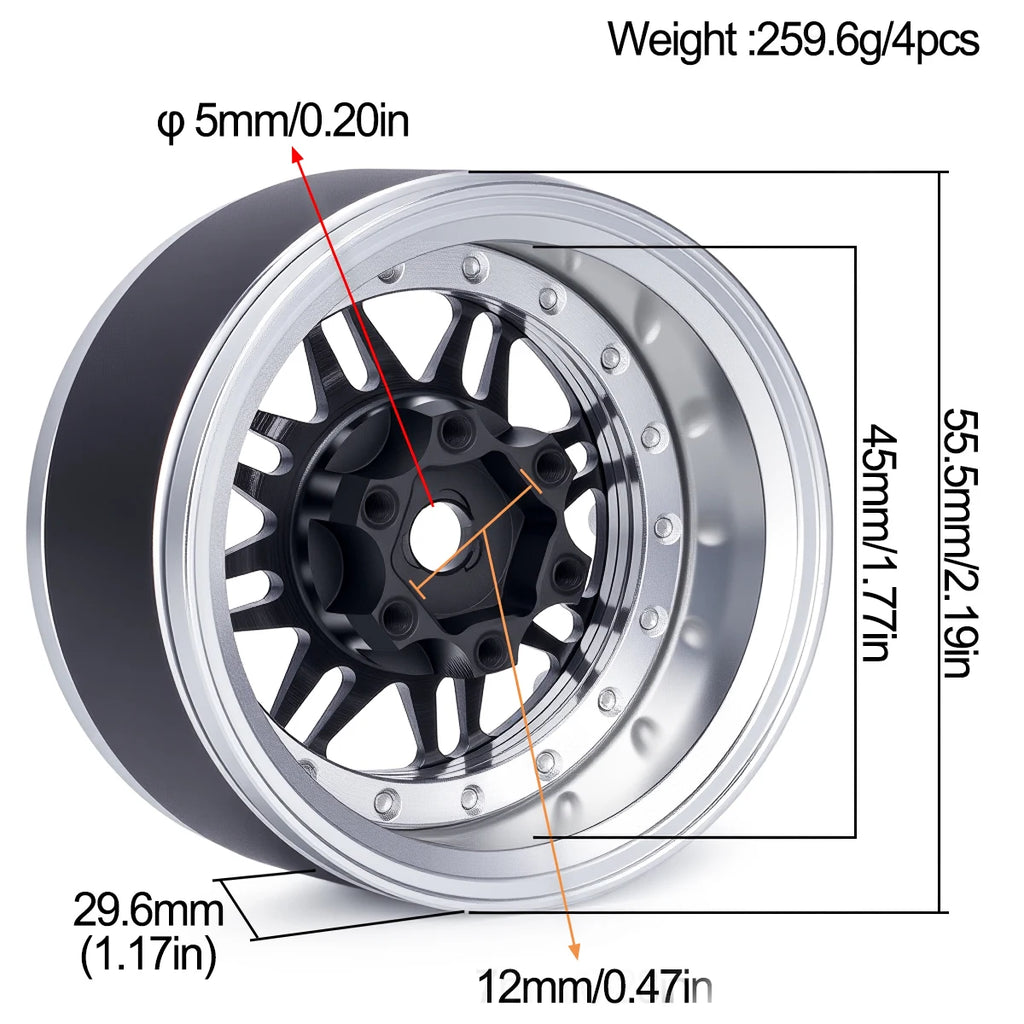 1.9" Aluminum Beadlock Wheels - Adjustable Offset Wheel Rims for 1/10 RC Crawler, Fits TRX4, Axial SCX10, Redcat GEN8, RC4WD D90