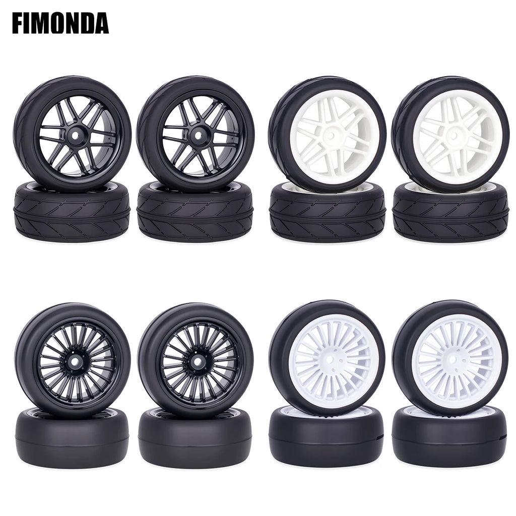 Pre-Glued RC Wheels Tires Set 4PCS for 1/10 - 65x26mm 12mm Hex Hubs Compatible with Tamiya TT01 TT02 XV01 XV02 TA06 HSP Models