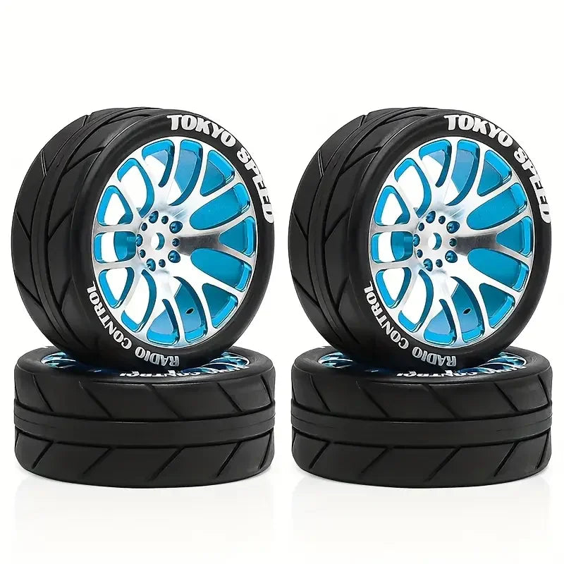 1/10 RC Racing Wheels & Tires Set - 12mm Hex Metal Rims for Tamiya TT01/TT02/XV01/XV02, HSP, HPI, Kyosho - On-Road Car Upgrade