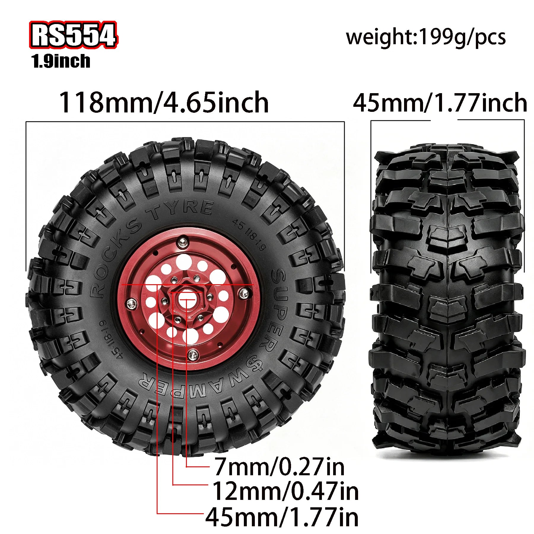 4PCS 1.9" Metal Beadlock Wheels w/ 120mm Rubber Tires for 1/10 RC Crawler TRX4 SCX10 II/III D90 RC4WD MST