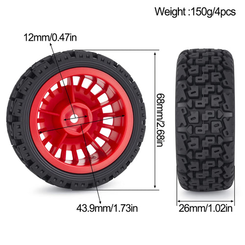 1/10 Glued 68x26mm Rubber Wheels & Tires for RC Rally Car