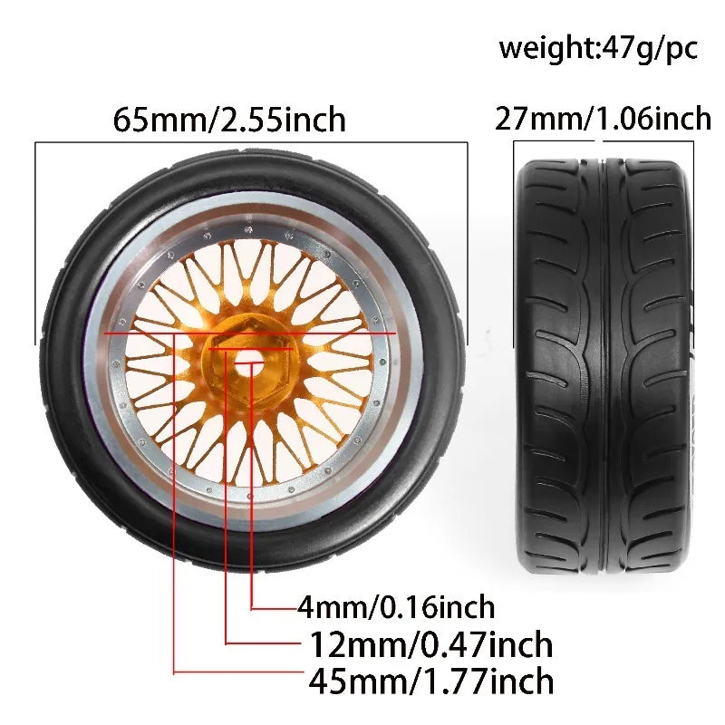 1/10 RC Racing Wheels Tires Metal Wheel Rims Hub12mm Hex for 1:10 RC On Road Car Tamiya Kyosho TT01 TT02 XV01PTG-2 HSP HPI